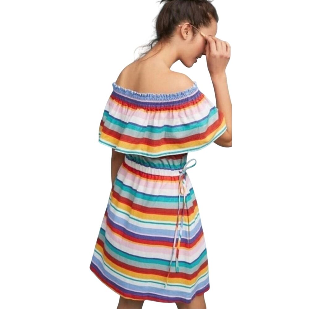 ANTHROPOLOGIE 4OUR DREAMERS Boho Linen Blend Multi Striped Mini Dress - Picture 2 of 6